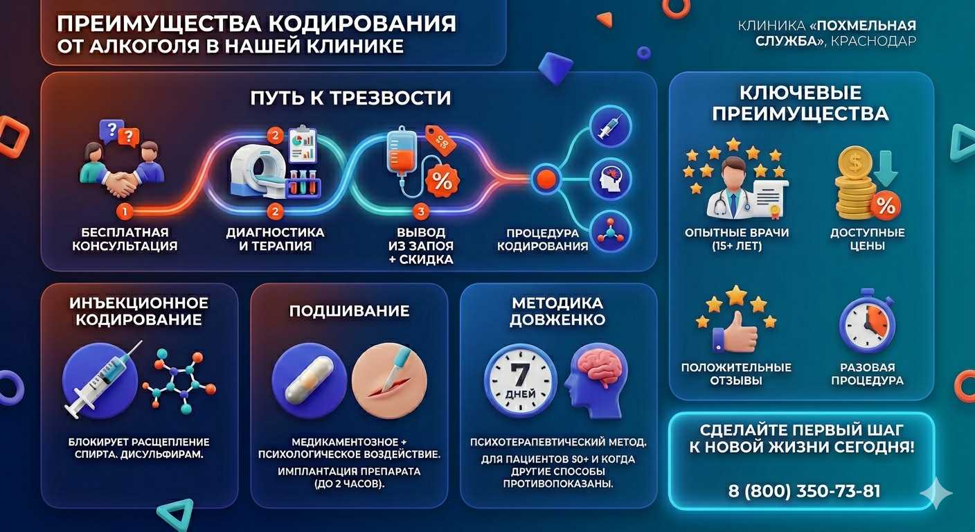 Инфографика о методах кодирования от алкоголя в Медыни: инъекции, подшивание, метод Довженко. Преимущества клиники и этапы лечения.